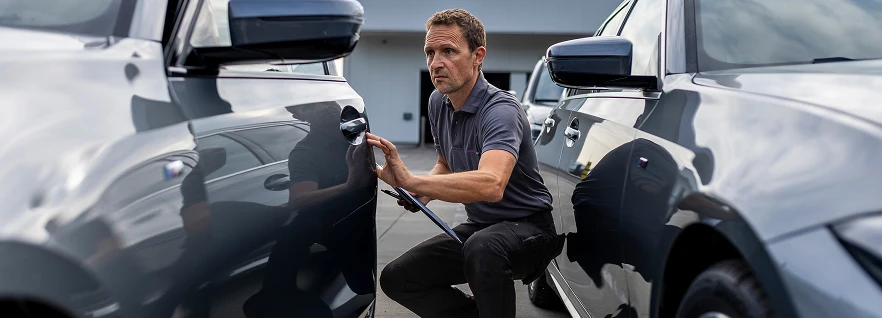 Ein Servicemitarbeiter prüft eine Fahrzeugtür auf Schäden um eine Inzahlungnahme vorzubereiten.